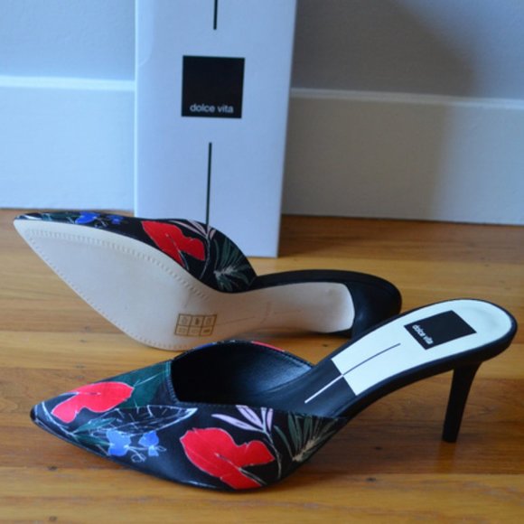 DOLCE VITA Black Floral Printed Satin Stiletto Heel Sandals - Picture 7 of 8